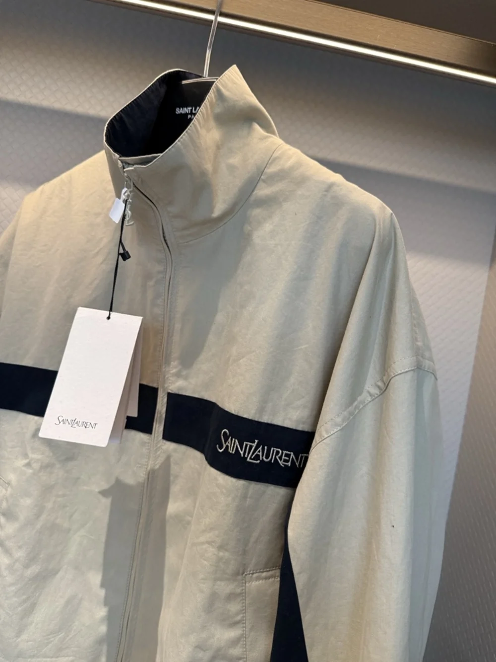 ✨Saint Laurent Beige Color Block Zip Up Track Jacket